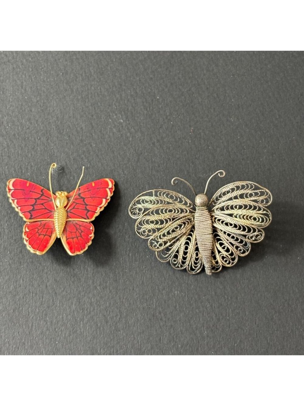 Vintage Butterfly Brooches Pins Metal Scrollwork Red Enamel flawed Unbranded